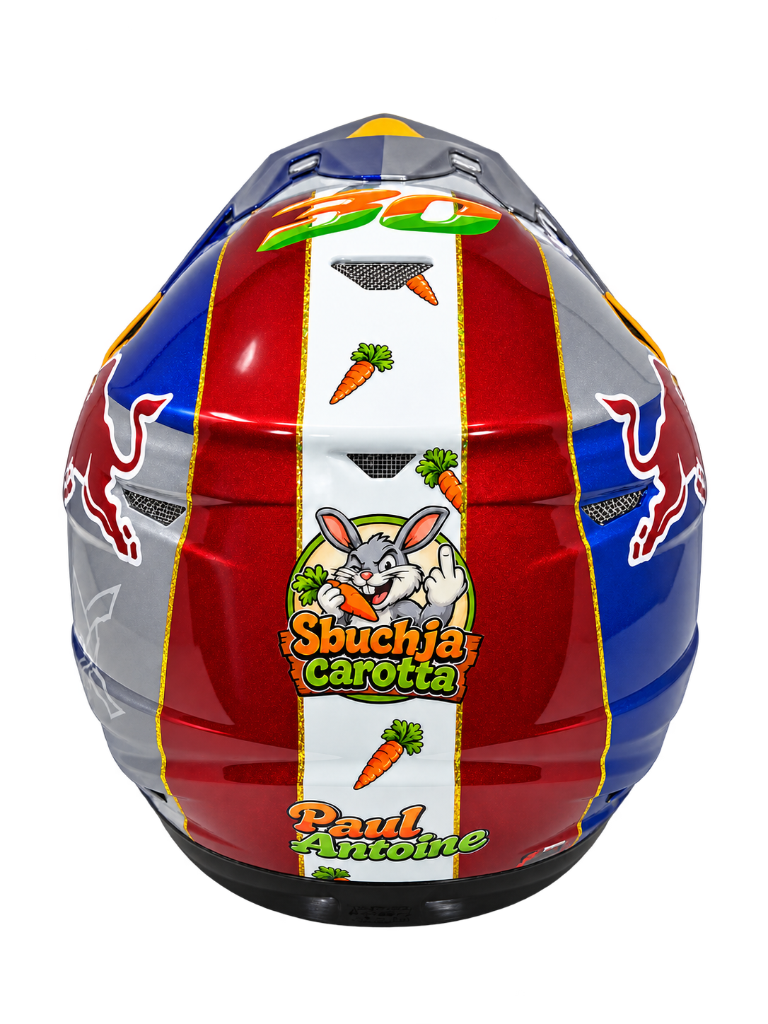 Vue arrière du casque 6D avec la mascotte Sbuchja Carotta